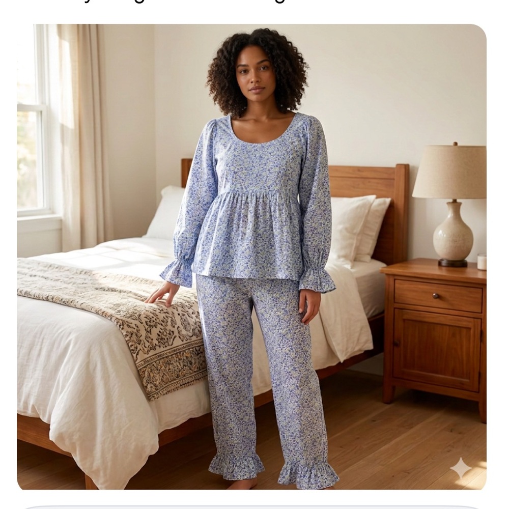 Piyama Floral Ruffle-Trim Women's Pajama Set - Light Blue - Picture 3 of 7